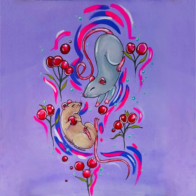 The painting shows two rats surrounded by berries. The rats are both looking at the viewer, and they have friendly expressions on their faces. 