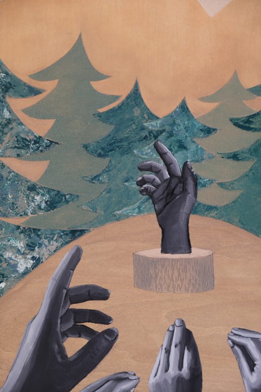 Painting by April Werle. The painting shows a large, monochromatic hand reaching out from a wooden block in a forest. The hand is very detailed, with long, slender fingers and veins that are clearly visible. The wooden block is covered in moss and leaves, and the forest in the background is lush and green.