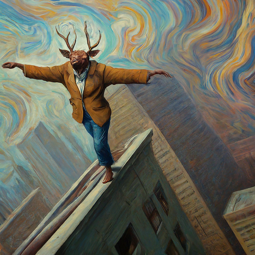 An abstract, grey-toned painting depicts a man with antlers standing on a roof, inviting viewers to decipher its symbolism and hidden narrative. AI prompt by Marc Moss. Image generated by Bard.