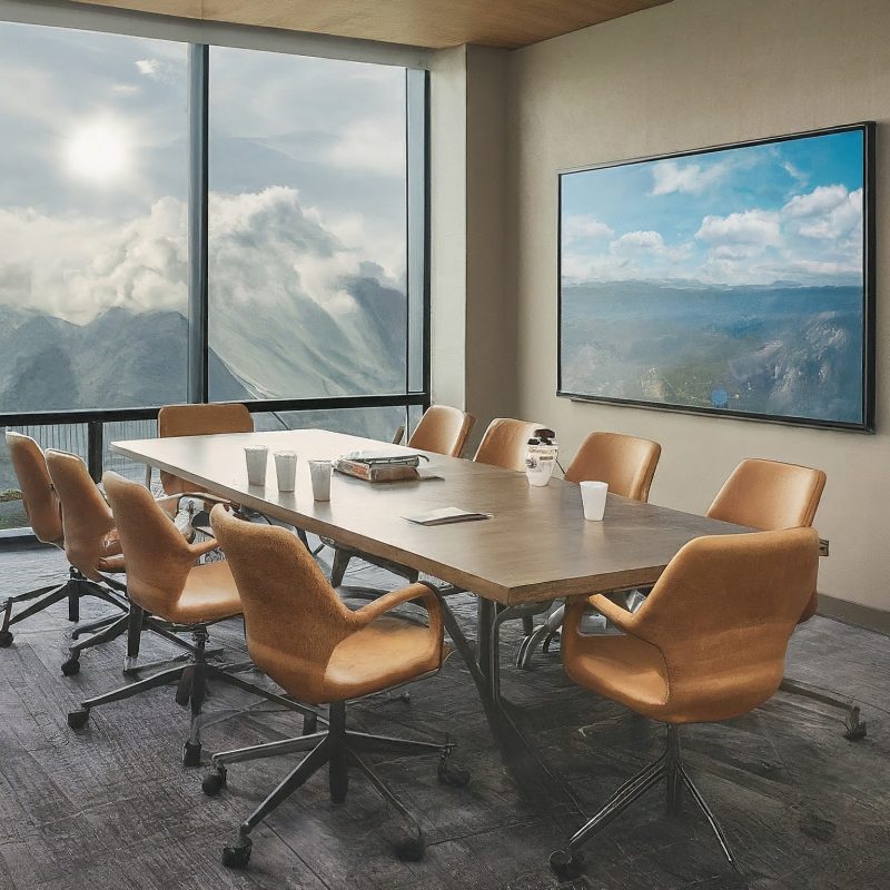 10 empty chairs are arranged around a conference table. Several togo coffee cups are placed on the table along with some books. A wintery mountain scene can be seen out the room's window. A landscape painting hangs on the wall. AI prompt by Marc Moss. Image generated by Bard.