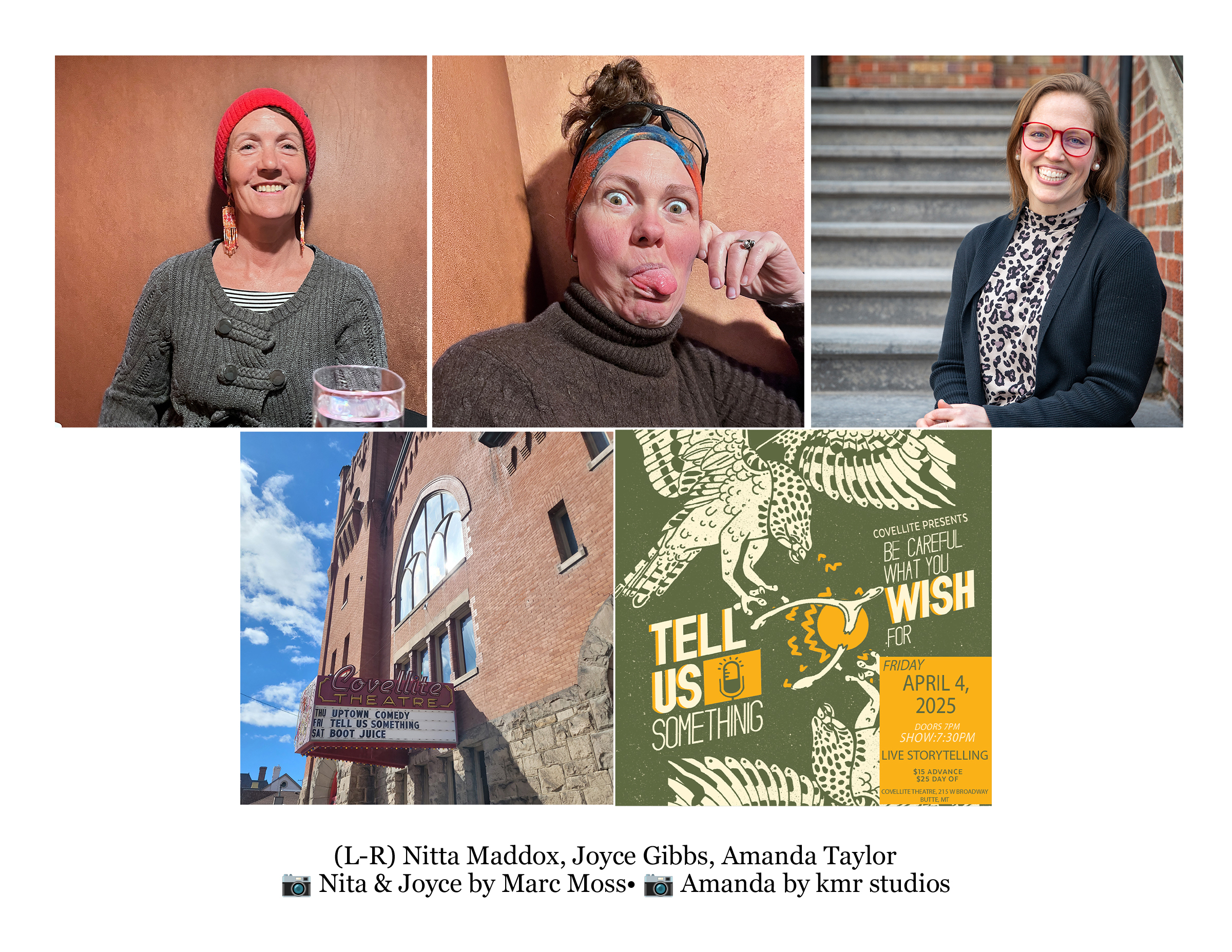 The image features a collage of three women, showcasing different snapshots of individuals. It includes the names Nitta Maddox, Joyce Gibbs, and Amanda Taylor alongside date references such as April 4, 2025. The collage incorporates elements like human faces and clothing while capturing expressions including smiles. Different photographers are credited for their contributions to the images.