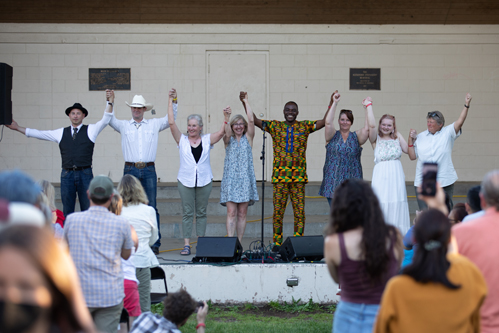 Didn't See That Coming Curtain Call: (L-R)MC Marc Moss, Raymond Ansotegui, Linda Grinde , Ann Peacock, Ablamvi Agboyibo, Katie Garding, Rae Scott, Cathy Scholtens