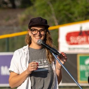 Katie Condon opens the evening of live storytelling with a story of a runaway dog that brings her together with her neighbor.  credit-kmr studios